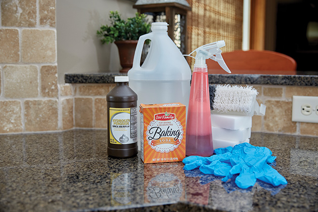 Fall cleaning products sit on a kitchen counter.