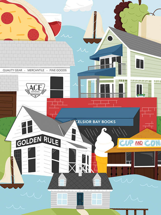 An illustration of various places to visit during a staycation in the Lake Minnetonka area.