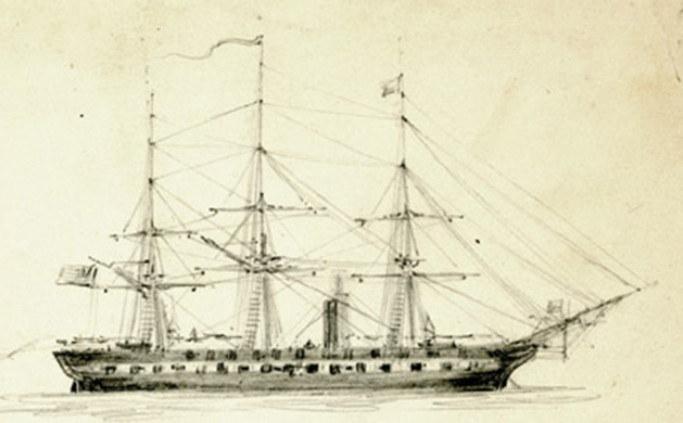 A sketch of the USS Minnesota on which both George and Frank Halstead served during the Civil War.