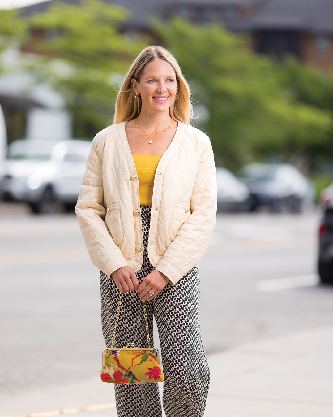 Fall City Walk Look — City Groove Pant: $59; Yellow Knit Tank: $39; Puffer Jacket: $148; Velvet Floral Clutch: $150; Spartina Hoop Earrings: $24