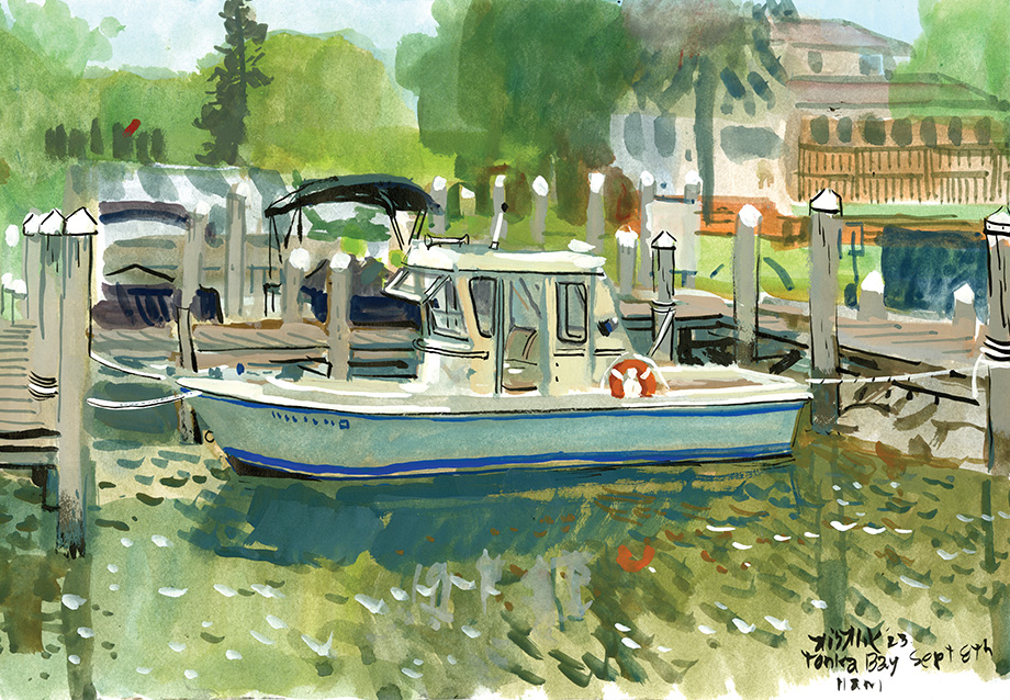 While having his photograph taken for this article, Kickliy painted this scene at the Tonka Bay Marina. His appreciation for this area runs deep and inspires his work.
