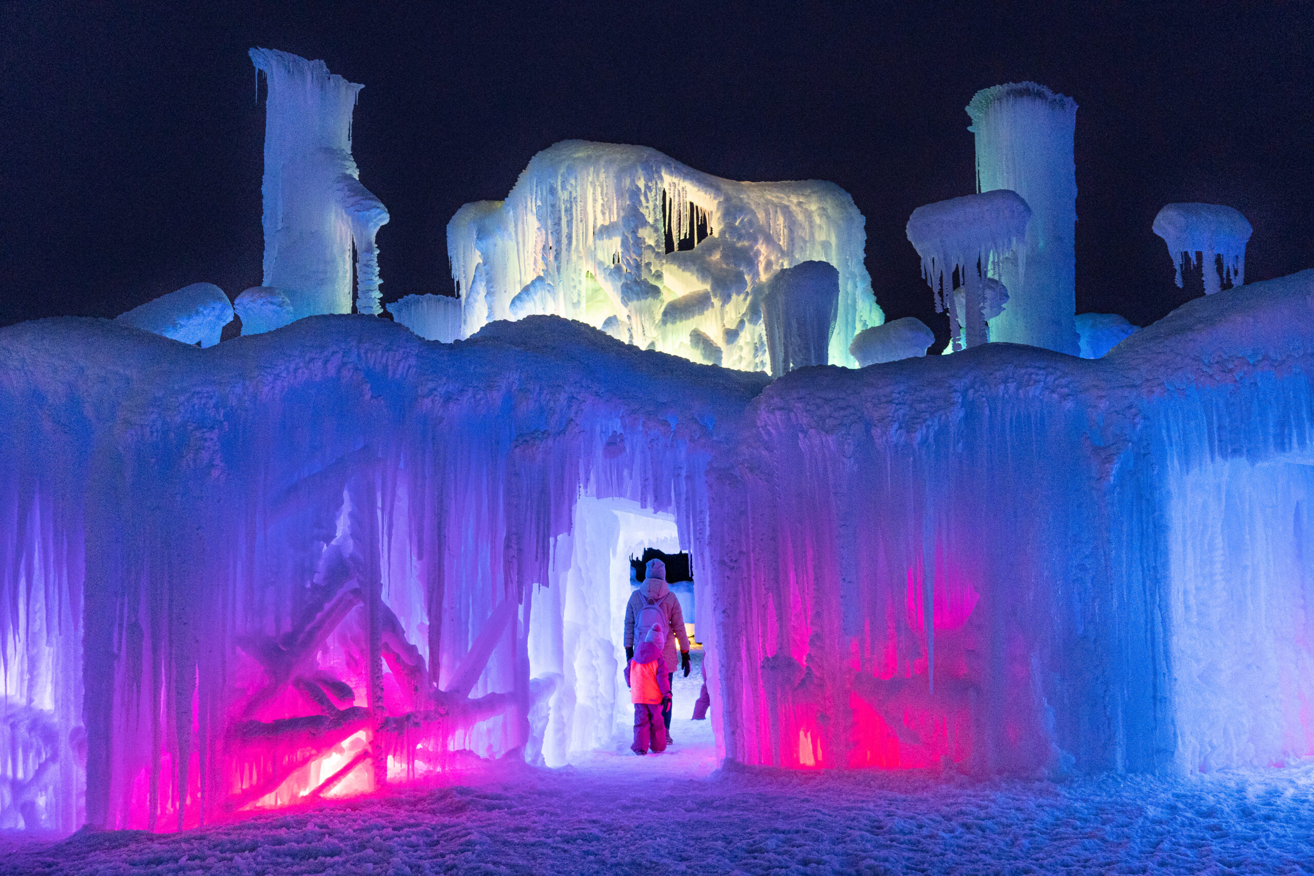 The Ice Palace Minnesota lit up at night.
