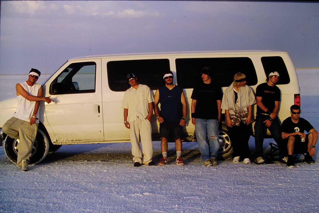 ht: Eric Iberg with the original Armada Skis team during the summer of 2003 on the Bonneville Salt Flats in Utah. 
