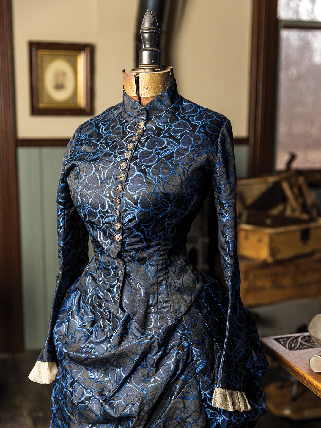 A bustle dress, estimated to be from the 1880s, was donated to the City of Minnetonka Historical Society by Pati Kortum in 2020.