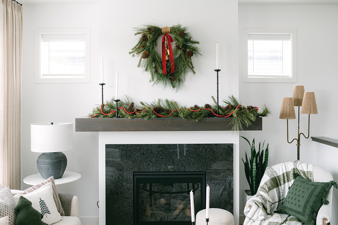 Wreath displays have expanded their real estate. In addition to placing them on exterior and interior doors and windows, consider backs of dining chairs, banisters, fireplaces (clear of a heat source); kitchen island sides, mirrors, stove hoods and more.  