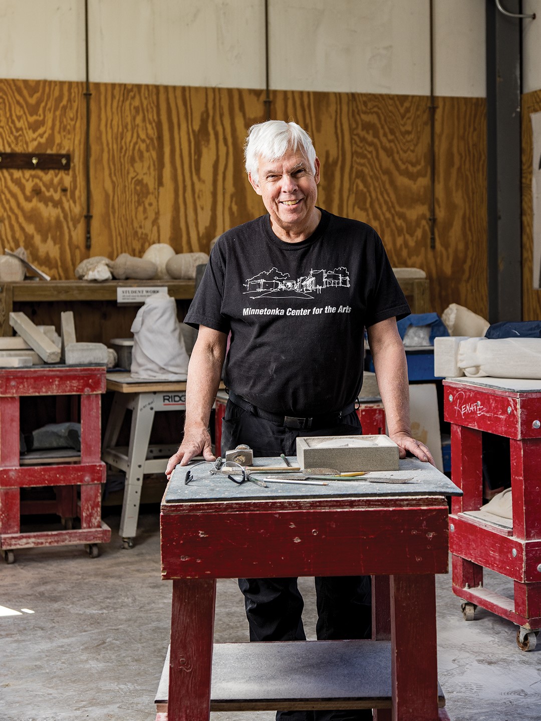 Frank Picos serves as a stone carving instructor at Minnetonka Center for the Arts. “His enthusiasm and commitment to the art center is so obvious,” says Roxanne Heaton, the art center’s executive director.