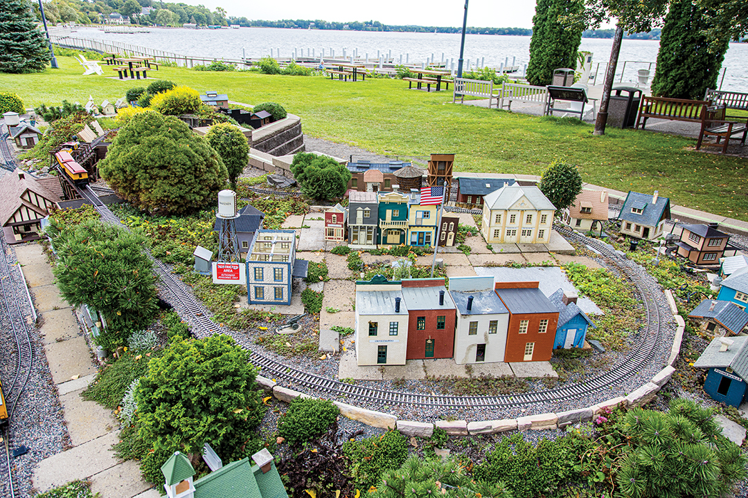 Miniature model of Wayzata with model train tracks surrounding it