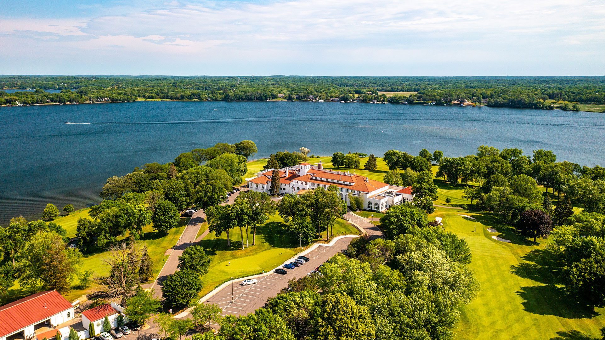 An aerial shot of the historic Lafayette Club on the shores of Lake Minnetonka.