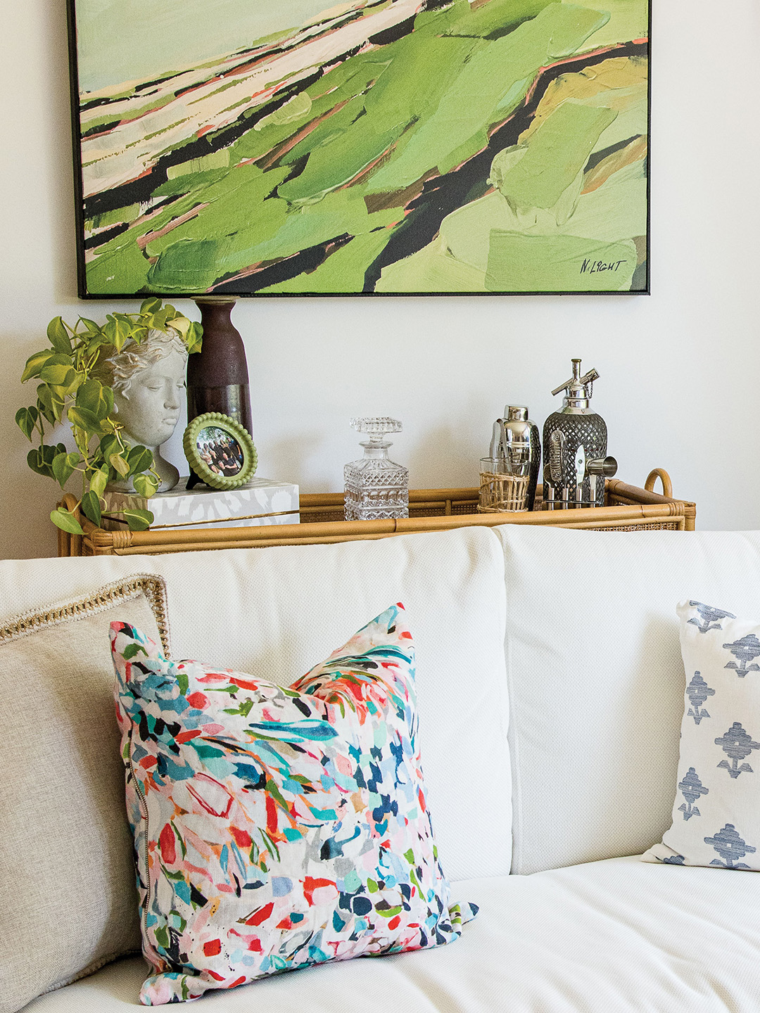 Andrea Soule’s go-to décor haunts aren’t what one might expect. She curates unique finds from antique shops, flea markets, thrift stores and more. And her travels to Cambodia, Egypt, Europe, India, Morocco and Vietnam pack her returning luggage with treasured mementos that adorn her home with far flung flair. But one can also find her scouring websites and upscale shops for just the right accessories.