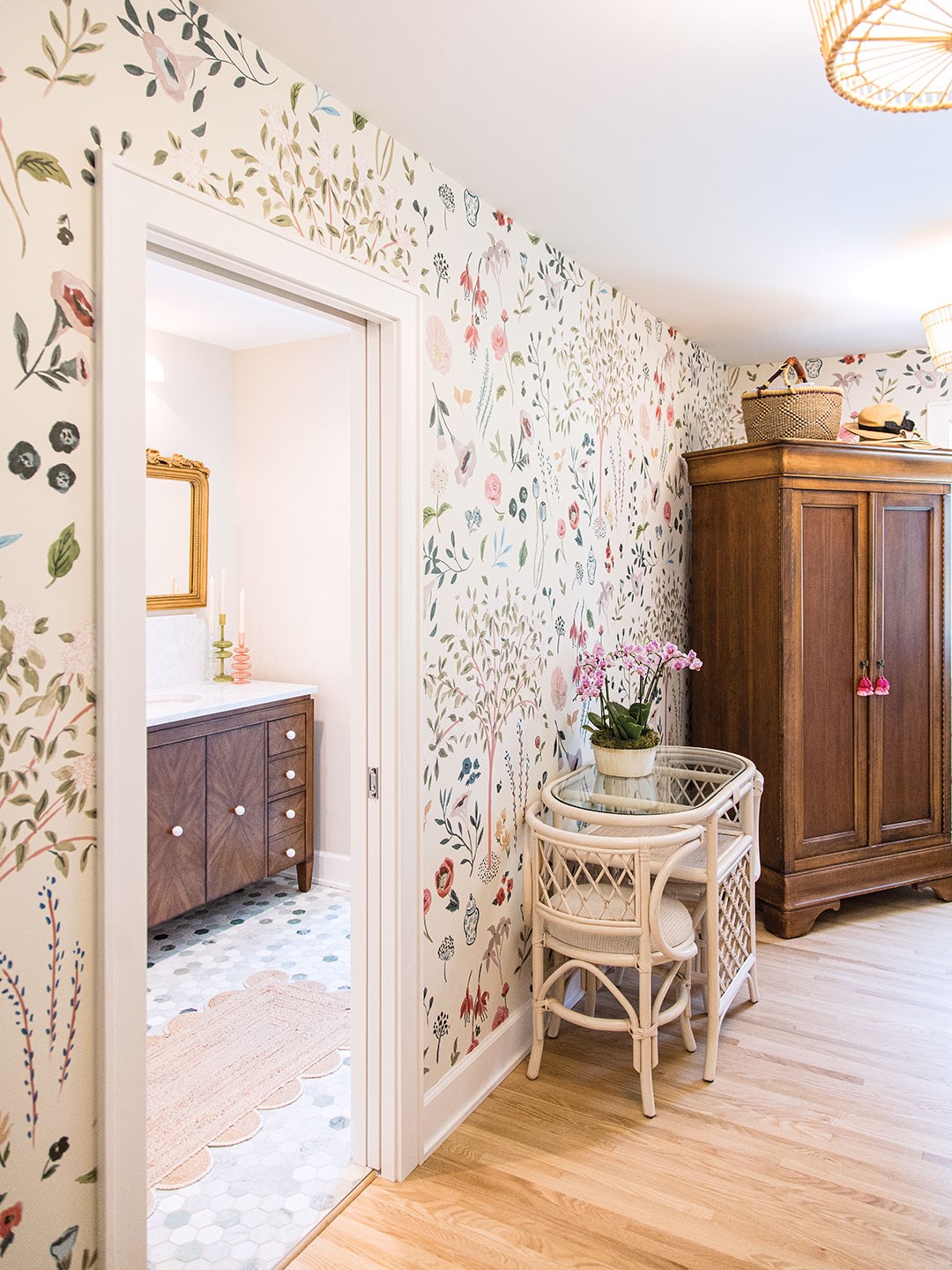 “Most rooms start with a single spark of inspiration and grow from there,” Andrea Soule says. “Wallpaper is often my first move—adding instant character and depth.” She is guided by her home gardens when it comes to interior design direction. The wallpaper in the couple’s dressing room (left) is inspired by Soule’s favorite flowers, which were translated into wallpaper by SheShe. “I wanted each space to feel unique but still carry a thread of cottage charm,” Soule says. “Charlotte’s room (right) began with Anthropologie wallpaper, a vintage bedframe and floating side tables. Crosby’s room needed bunk beds, and at the time, he was obsessed with alligators, so we ran with that theme.”