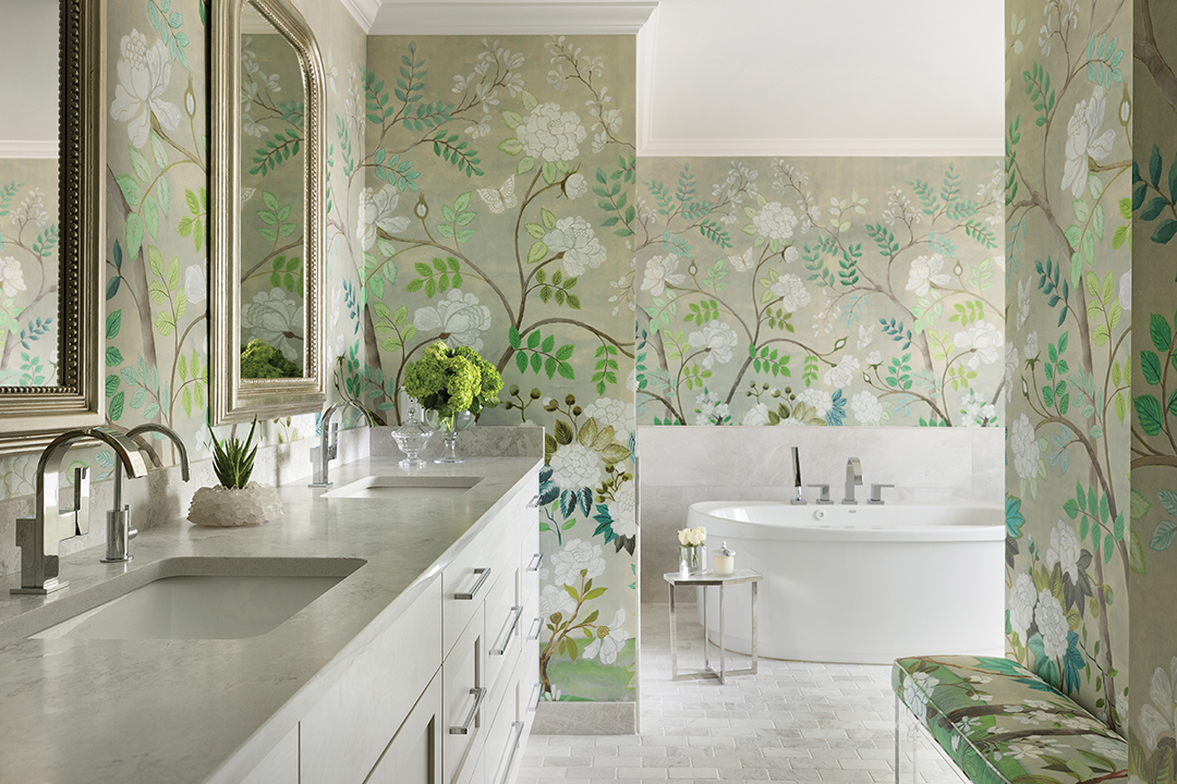 Bathroom with green floral wallpaper