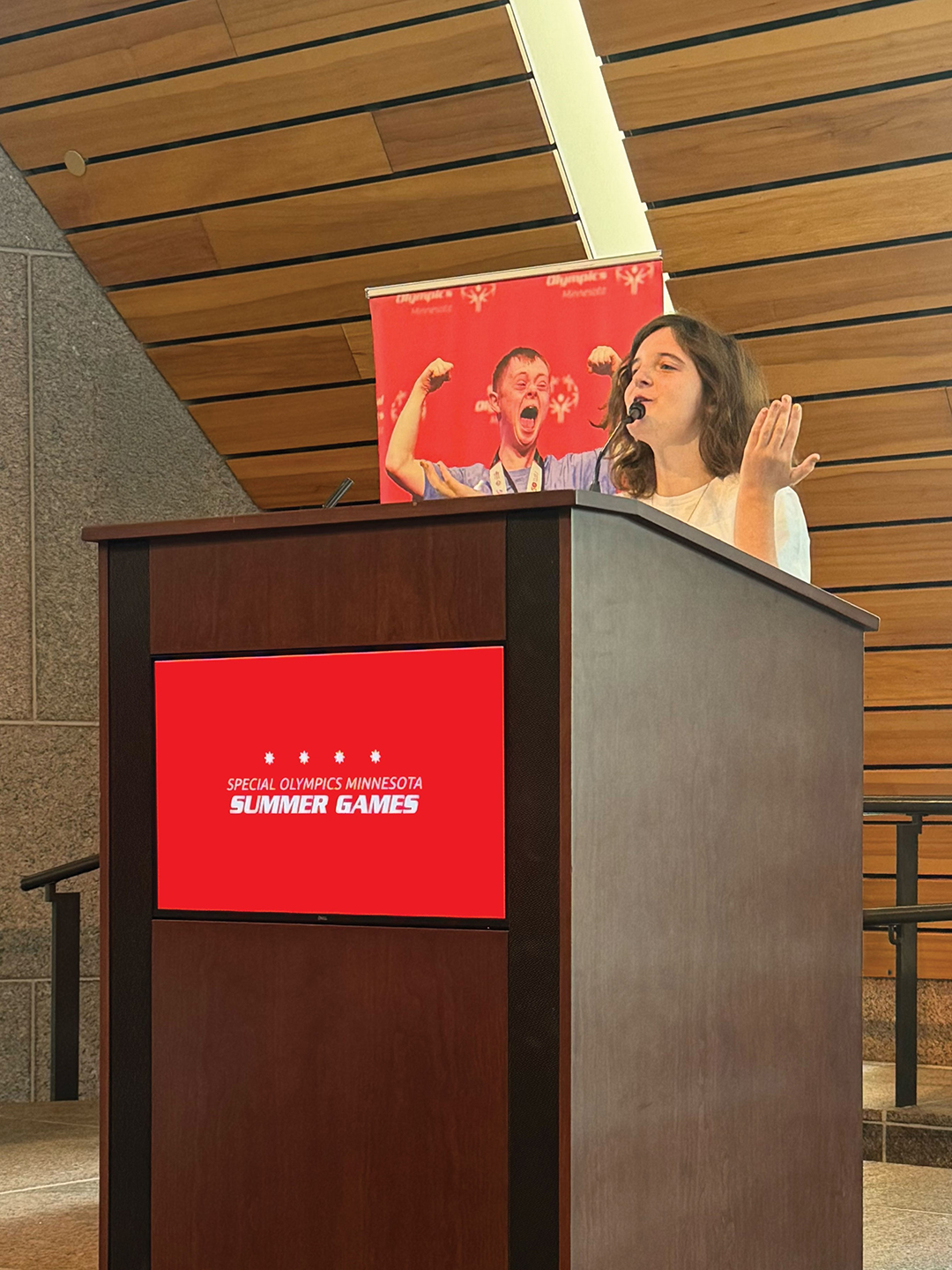 Jenna Perkins speaks to corporate sponsors for the Special Olympics USA Games as part of her honorary co-chair role.