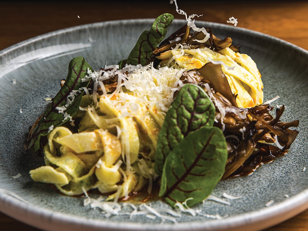 Natalie Allesee’s handmade Herb Laminated Tagliatelle features a chèvre beurre blanc sauce and maitake mushrooms, topped with sorrel.