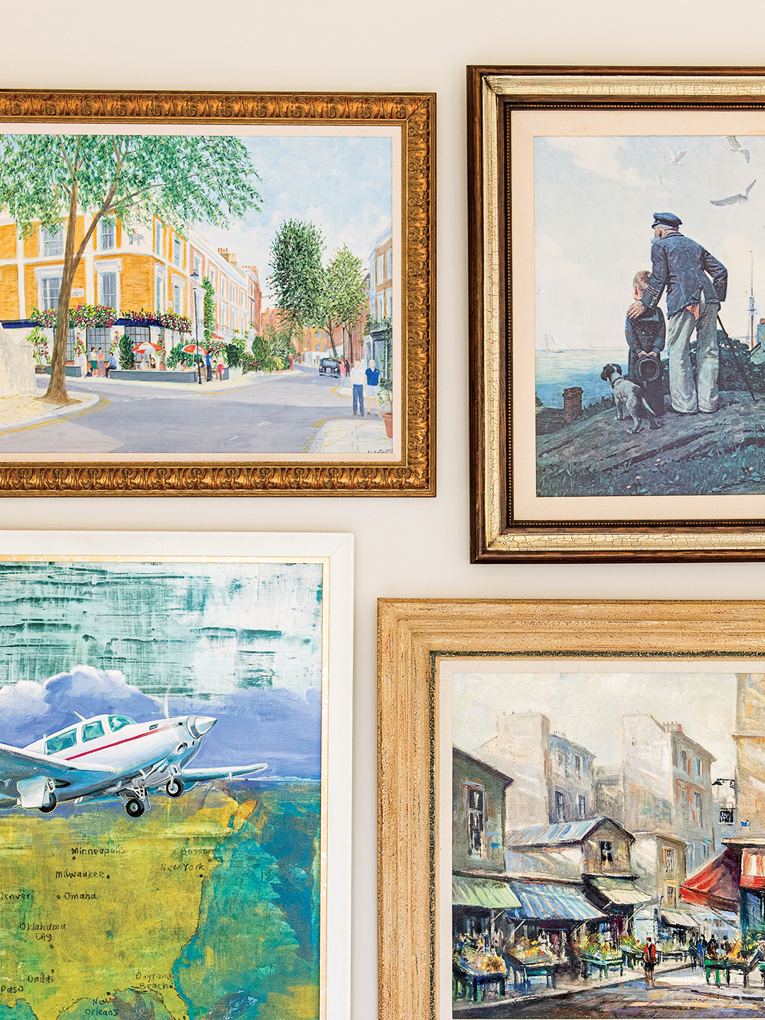 Art in a home can be personal. The top left painting reflects a favorite London pub of Jenny Jorgensen’s husband. The remaining grouping was passed down from family members.