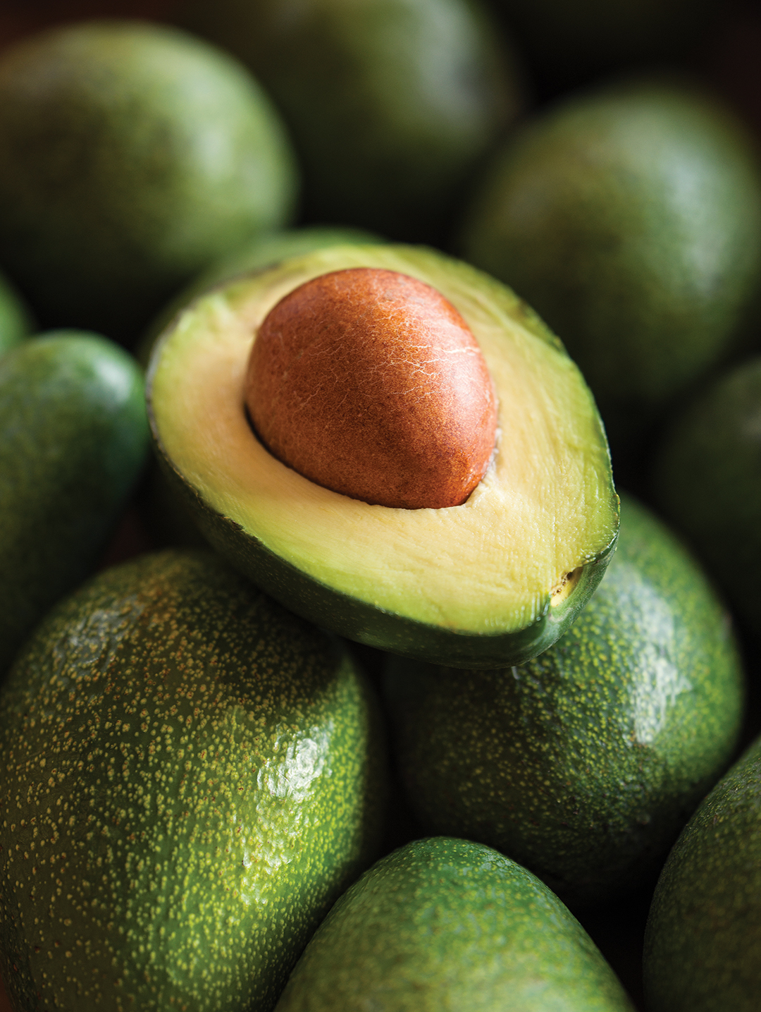 Close up view of halves of an avocado